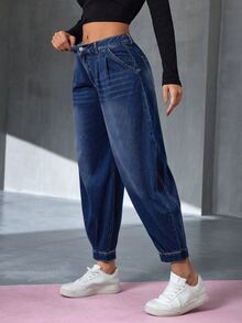 Flexra Women's Button Pleated Casual Daily Wear Denim Jeans - Dark Wash - View 3