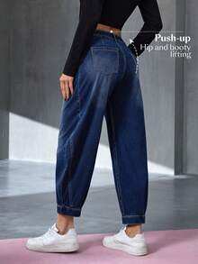 Flexra Women's Button Pleated Casual Daily Wear Denim Jeans - Dark Wash - View 2