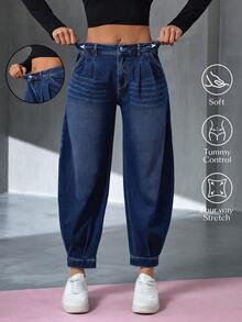 Flexra Women's Button Pleated Casual Daily Wear Denim Jeans - Dark Wash - View 1