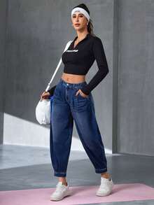 Flexra Women's Button Pleated Casual Daily Wear Denim Jeans - Dark Wash - View 6