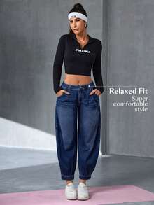 Flexra Women's Button Pleated Casual Daily Wear Denim Jeans - Dark Wash - View 5