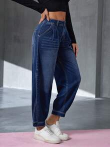 Flexra Women's Button Pleated Casual Daily Wear Denim Jeans - Dark Wash - View 4