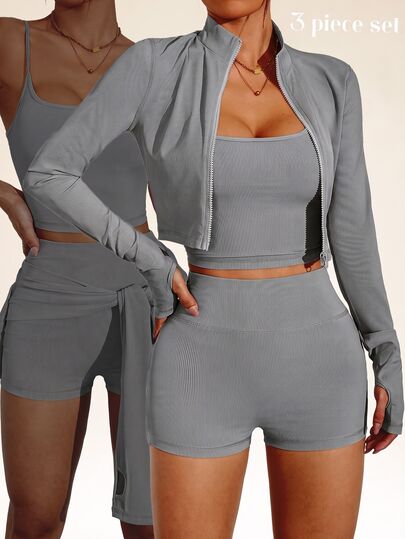 Eassivo Eassivo Women's 3-Piece Yoga Workout Set, Casual Modest Athleisure Sexy Outdoor Running U-Back U-Neck Top, Fitness Tummy Control Shorts, Jacket Gym Grey
