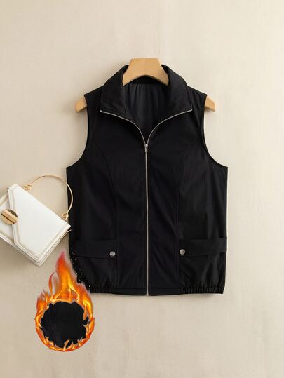 Rusticease Women's Solid Color Zipper Fashion Versatile Daily Casual Vest Jacket Going Out Travel Everyday Hiking Date Black Autumn And Winter Black Autumn