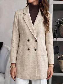 Rusticease 女款翻領長袖雙排扣休閒優雅大衣 秋季商務辦公米色 - 卡其色 - 查看 1