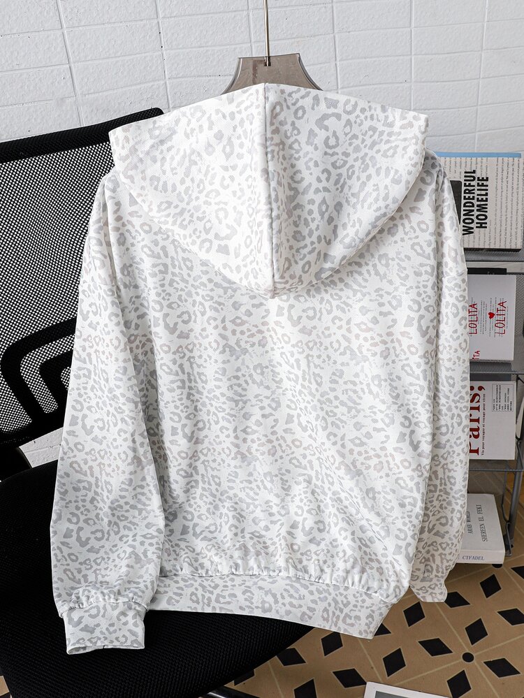 SHEIN Teen Girls Teen Girl Autumn Light Gray Leopard Print Bow Sweatshirt Winter Jacket Cute Casual Daily Sports - Light Grey - View 6