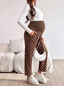 SHEIN Maternity Polka Dot Adjustable Waist Casual Everyday Denim Jeans Cowgirl Outfits For Women Autumn Holiday Outfits Polka Dot Concert - Brown - View 7