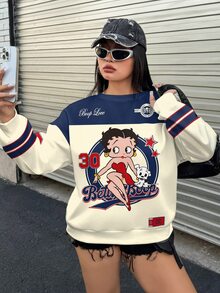 Betty Boop x SHEIN Plus size sweatshirt med färgblock, patchwork och cartoon-tryck, rund hals - Vitt - Visa 3