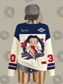 Betty Boop x SHEIN Plus size sweatshirt med färgblock, patchwork och cartoon-tryck, rund hals - Vitt - Visa 6