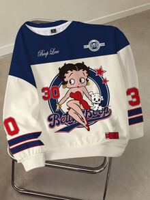 Betty Boop x SHEIN Plus size sweatshirt med färgblock, patchwork och cartoon-tryck, rund hals - Vitt - Visa 1