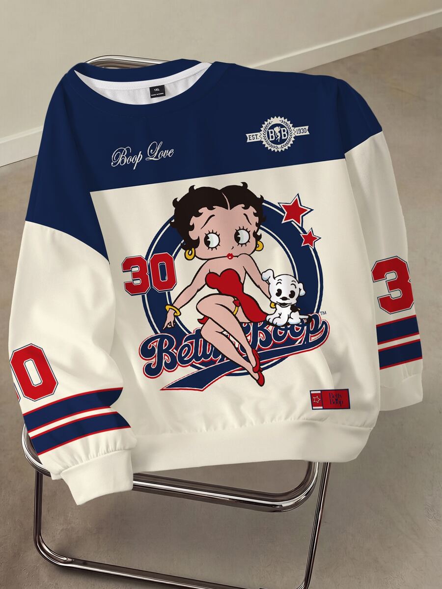 Betty Boop x SHEIN Plus size sweatshirt med färgblock, patchwork och cartoon-tryck, rund hals - Vitt - Visa 1