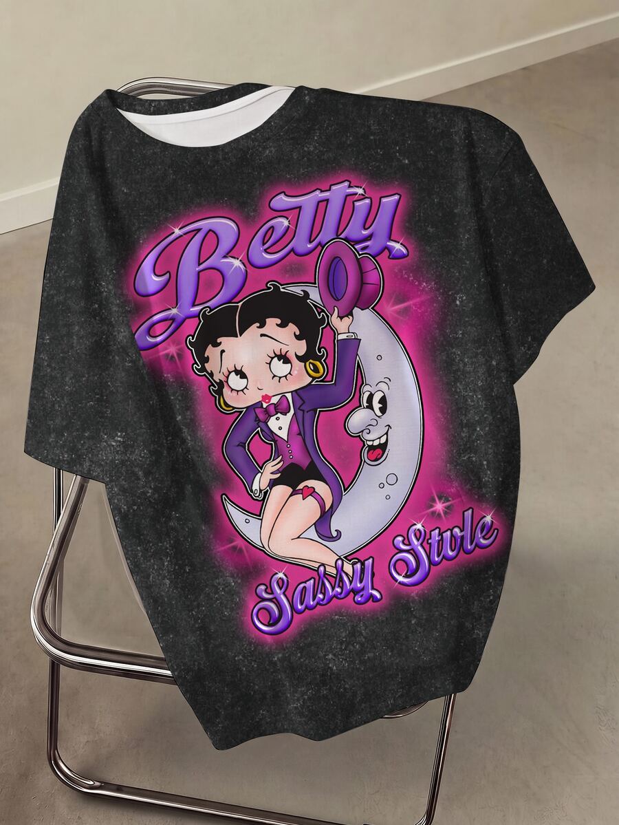 Betty Boop x SHEIN Plus Size Summer Casual Cartoon Print T-Shirt - White - View 1