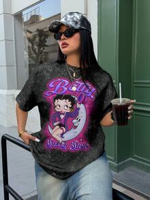 Betty Boop x SHEIN Plus Size Summer Casual Cartoon Print T-Shirt - White - View 3