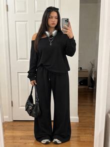 Comfortcana Plus Size Autumn/Winter Casual Baggy Home Wear Black Cold Shoulder Plus Size Long Sleeve Top And Pants 2 Pieces Set Formal Home Wear Holiday - Black - View 3