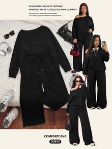 Comfortcana Plus Size Autumn/Winter Casual Baggy Home Wear Black Cold Shoulder Plus Size Long Sleeve Top And Pants 2 Pieces Set Formal Home Wear Holiday - Black - View 8