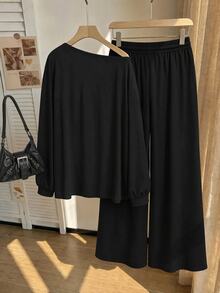 Comfortcana Plus Size Autumn/Winter Casual Baggy Home Wear Black Cold Shoulder Plus Size Long Sleeve Top And Pants 2 Pieces Set Formal Home Wear Holiday - Black - View 2