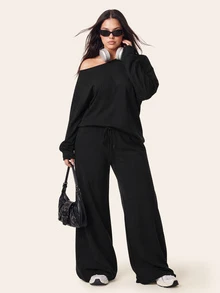Comfortcana Plus Size Autumn/Winter Casual Baggy Home Wear Black Cold Shoulder Plus Size Long Sleeve Top And Pants 2 Pieces Set Formal Home Wear Holiday - Black - View 6