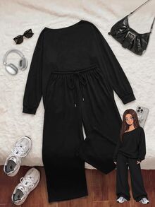 Comfortcana Plus Size Autumn/Winter Casual Baggy Home Wear Black Cold Shoulder Plus Size Long Sleeve Top And Pants 2 Pieces Set Formal Home Wear Holiday - Black - View 9