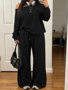 Comfortcana Plus Size Autumn/Winter Casual Baggy Home Wear Black Cold Shoulder Plus Size Long Sleeve Top And Pants 2 Pieces Set Formal Home Wear Holiday - Black - View 10