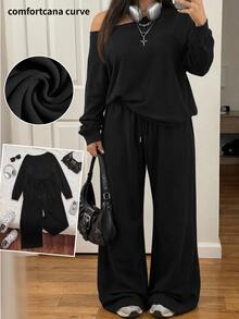 Comfortcana Plus Size Autumn/Winter Casual Baggy Home Wear Black Cold Shoulder Plus Size Long Sleeve Top And Pants 2 Pieces Set Formal Home Wear Holiday - Black - View 1