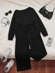 Comfortcana Plus Size Autumn/Winter Casual Baggy Home Wear Black Cold Shoulder Plus Size Long Sleeve Top And Pants 2 Pieces Set Formal Home Wear Holiday - Black - View 7