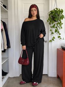 Comfortcana Plus Size Autumn/Winter Casual Baggy Home Wear Black Cold Shoulder Plus Size Long Sleeve Top And Pants 2 Pieces Set Formal Home Wear Holiday - Black - View 4