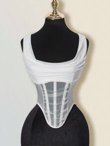 SHEIN ICON Mesh Cowl Neck Sheer Boned Bustier Tank Top - White - View 3