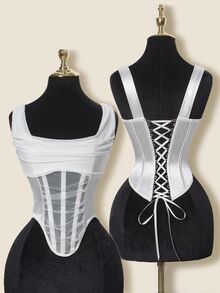 SHEIN ICON Mesh Cowl Neck Sheer Boned Bustier Tank Top - White - View 2