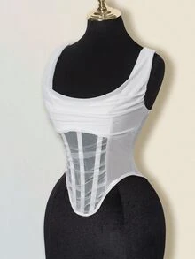 SHEIN ICON Mesh Cowl Neck Sheer Boned Bustier Tank Top - White - View 10