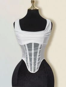 SHEIN ICON Mesh Cowl Neck Sheer Boned Bustier Tank Top - White - View 9