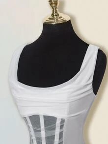 SHEIN ICON Mesh Cowl Neck Sheer Boned Bustier Tank Top - White - View 7