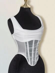 SHEIN ICON Mesh Cowl Neck Sheer Boned Bustier Tank Top - White - View 8
