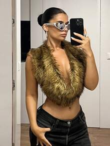 SHEIN ICON Women's Fluffy Fashionable Sexy Spaghetti Strap Open Back Faux Fur Top Fall Women Clothes Fall/Winter - Multicolor - View 7