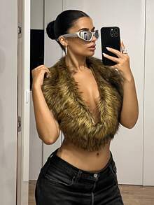 SHEIN ICON Women's Fluffy Fashionable Sexy Spaghetti Strap Open Back Faux Fur Top Fall Women Clothes Fall/Winter - Multicolor - View 3