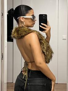SHEIN ICON Women's Fluffy Fashionable Sexy Spaghetti Strap Open Back Faux Fur Top Fall Women Clothes Fall/Winter - Multicolor - View 14