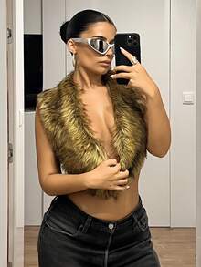 SHEIN ICON Women's Fluffy Fashionable Sexy Spaghetti Strap Open Back Faux Fur Top Fall Women Clothes Fall/Winter - Multicolor - View 5