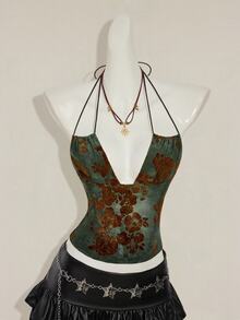 SHEIN ICON Women's Retro Green Flocked Jacquard Criss-Cross Backless Sexy Camisole - Green - View 7