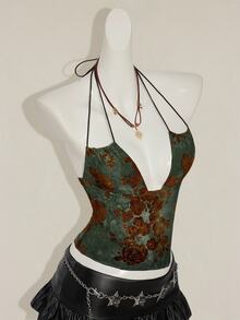 SHEIN ICON Women's Retro Green Flocked Jacquard Criss-Cross Backless Sexy Camisole - Green - View 6