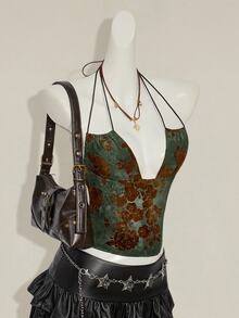 SHEIN ICON Women's Retro Green Flocked Jacquard Criss-Cross Backless Sexy Camisole - Green - View 5