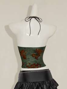 SHEIN ICON Women's Retro Green Flocked Jacquard Criss-Cross Backless Sexy Camisole - Green - View 3