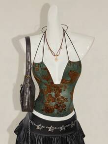 SHEIN ICON Women's Retro Green Flocked Jacquard Criss-Cross Backless Sexy Camisole - Green - View 8
