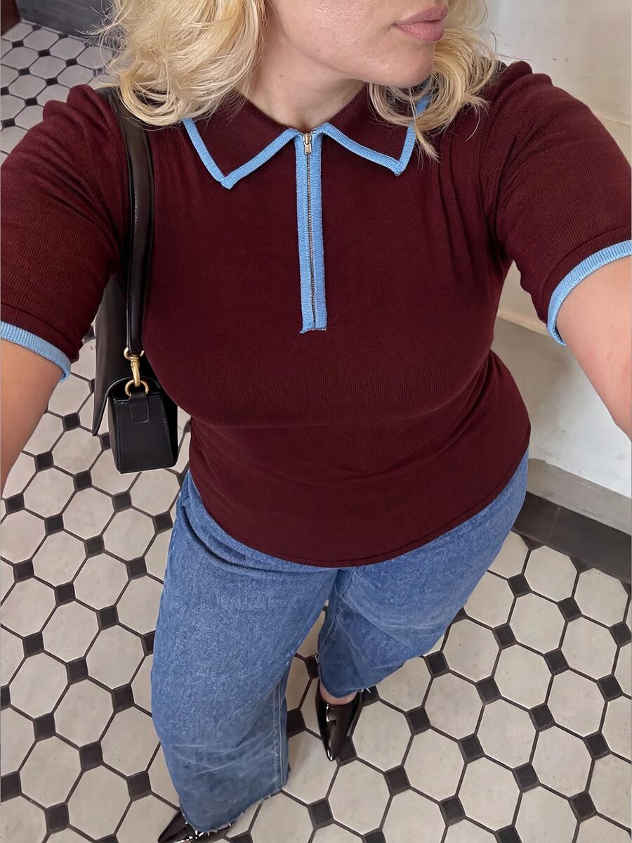 Dripcurv Plus Size Contrast Trim Short Sleeve Knit Topback To School ,Women Fall Winter Sweater,Work Wear,Old Money Style,Basic Tops,Chic Tops,Basic Tops - Rust Brown - View 1