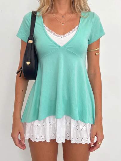 Sundraya Women's Y2k Lace Trim Short Sleeve Babydoll Top,Casual Contrast Color V-Neck 2 In 1,Ideal For Summer