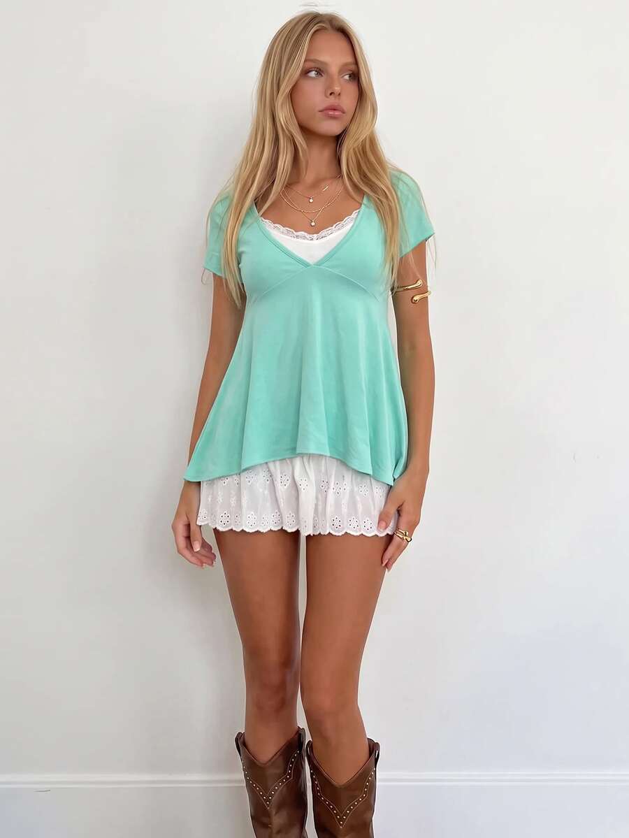 Sundraya Women's Y2k Lace Trim Short Sleeve Babydoll Top,Casual Contrast Color V-Neck 2 In 1,Ideal For Summer - Mint Blue - View 1