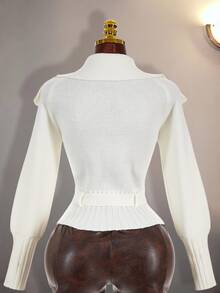 Amplova Women's Raglan Long Sleeve Notch Lapel Waist-Cinching Knit Cardigan - White - View 13