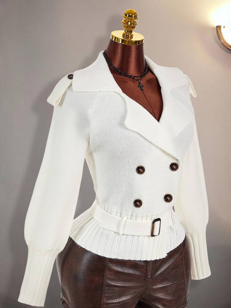 Amplova Women's Raglan Long Sleeve Notch Lapel Waist-Cinching Knit Cardigan - White - View 12
