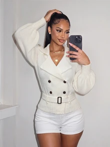 Amplova Women's Raglan Long Sleeve Notch Lapel Waist-Cinching Knit Cardigan - White - View 2