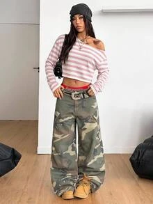Coolane 女款休閒 Y2K 粉色與白色條紋不對稱領口短版 T 恤，適合秋季夜生活 - 粉色 - 查看 2
