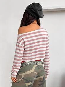 Coolane 女款休閒 Y2K 粉色與白色條紋不對稱領口短版 T 恤，適合秋季夜生活 - 粉色 - 查看 3