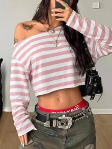 Coolane 女款休閒 Y2K 粉色與白色條紋不對稱領口短版 T 恤，適合秋季夜生活 - 粉色 - 查看 1